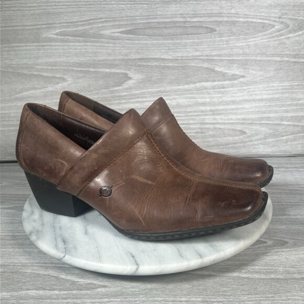 Born Kinney Boots Womens 10 Brown Leather Slip On Shoes Square Toe Ankle Booties - Picture 2 of 14